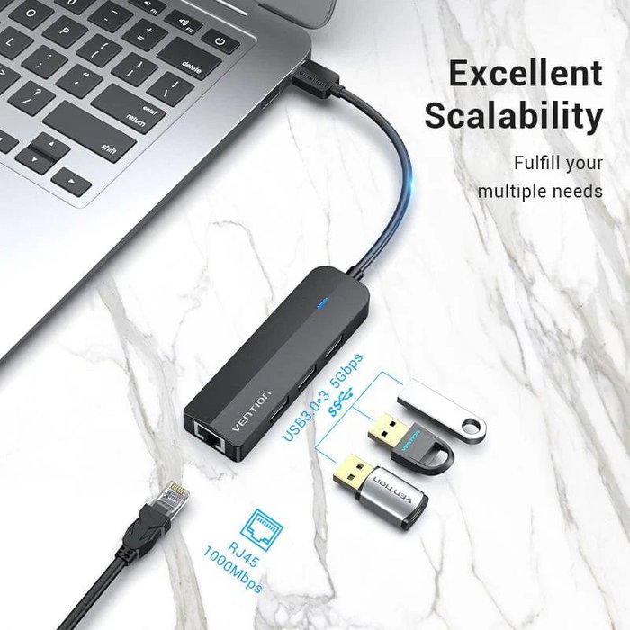Vention CHNBB Hub USB 3.0 de 3 Puertos 5 en 1 con Adaptador Ethernet Gigabit RJ45 y Puerto MicroUSB PD para Carga